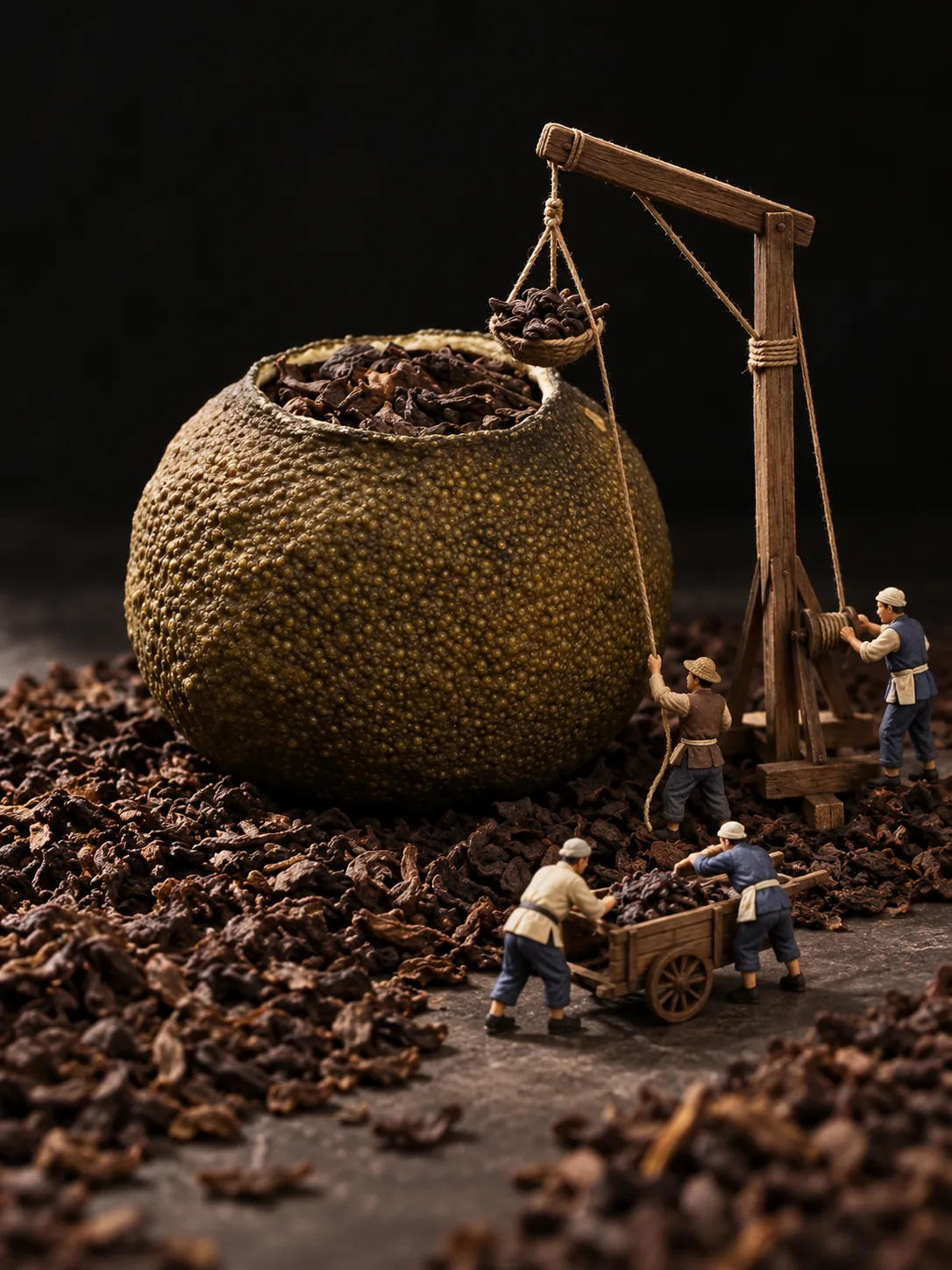 小青柑 · 茶仓装卸：柑皮开口成为仓口，人物吊运真实内容物茶叶。