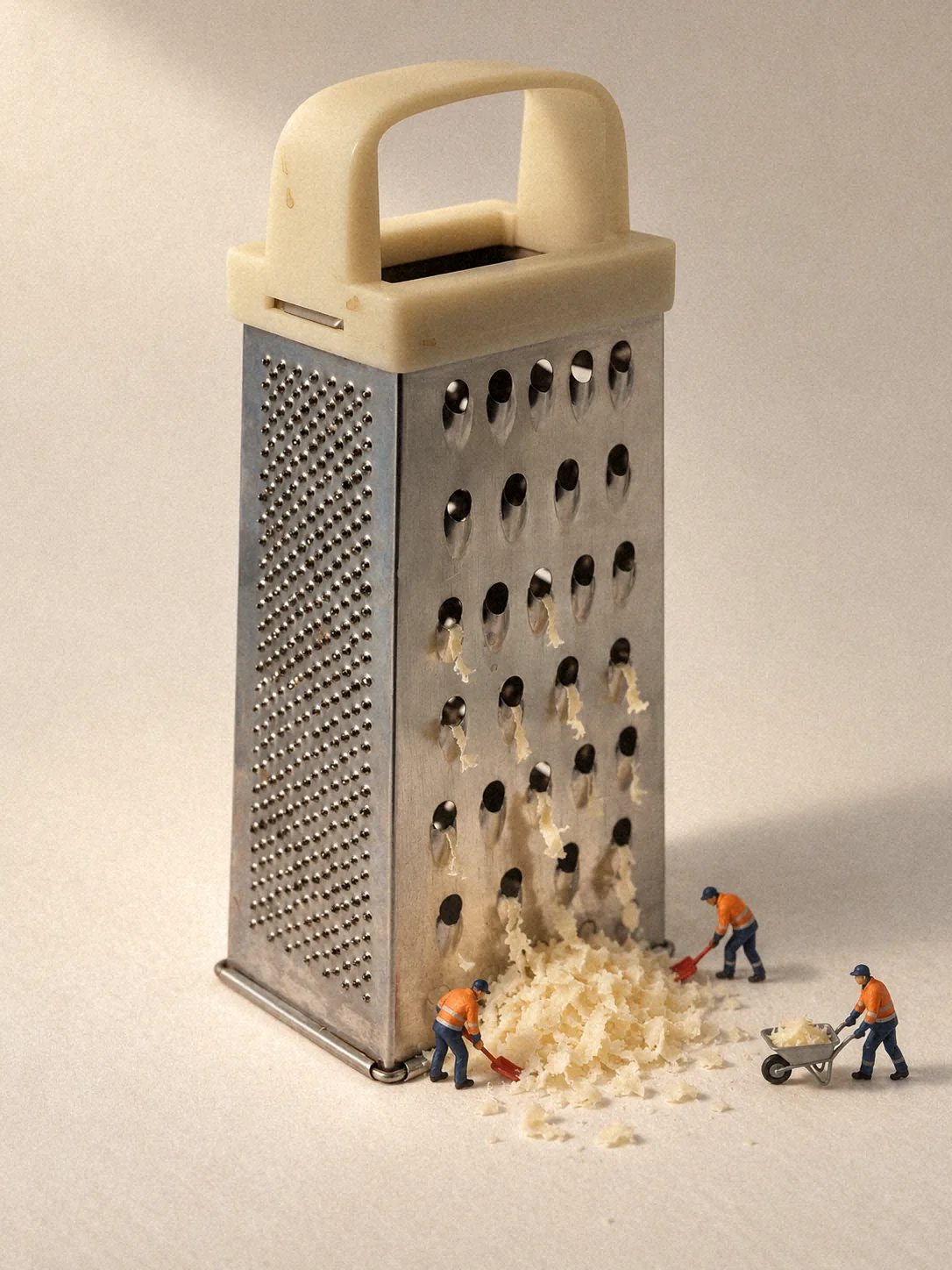 柔光棚拍：微缩工人在米色把手刨丝器旁清理奶酪碎屑