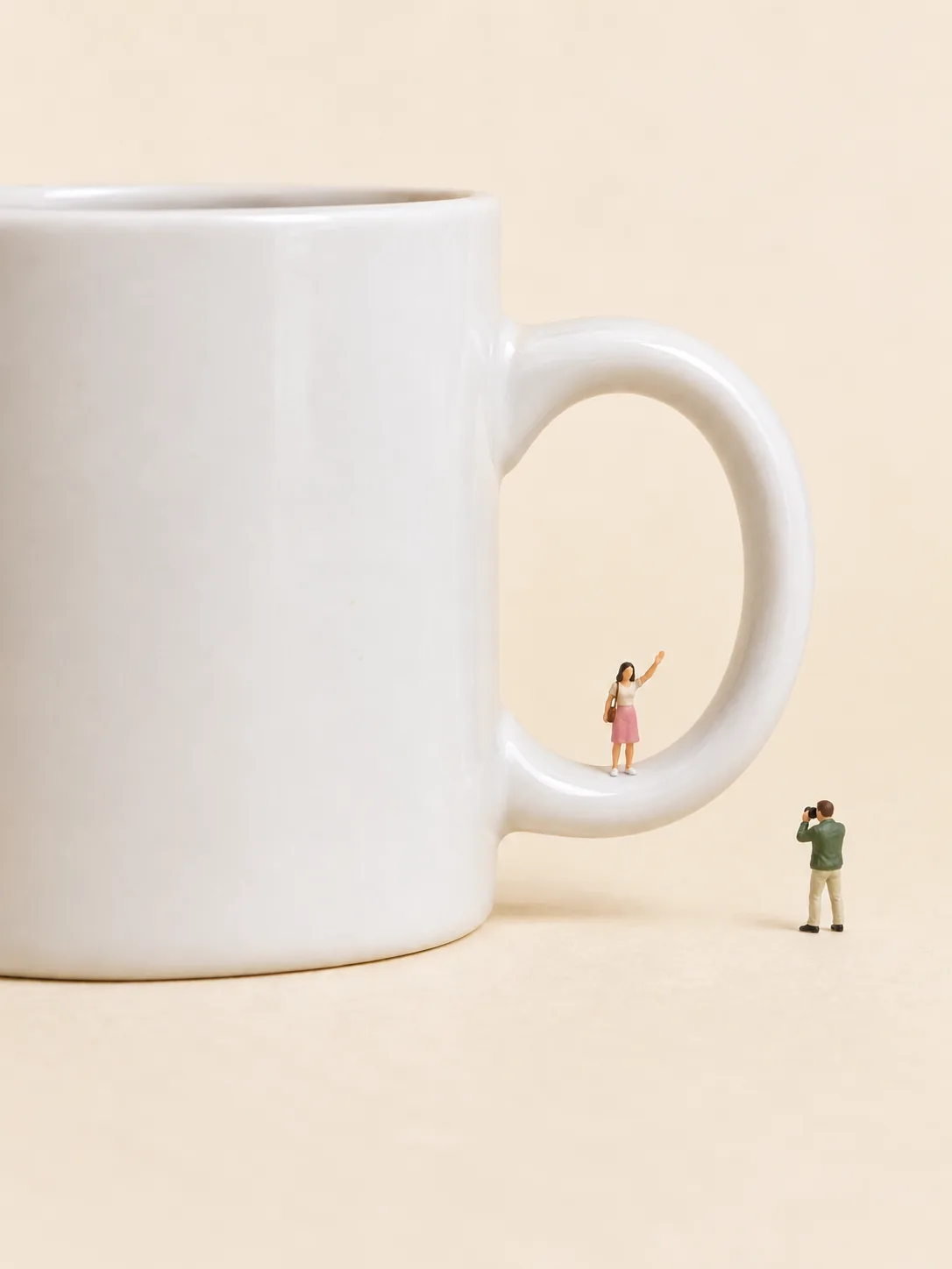 马克杯 · 杯柄相框：微缩游客站在马克杯杯柄圈里挥手，同伴举相机拍照