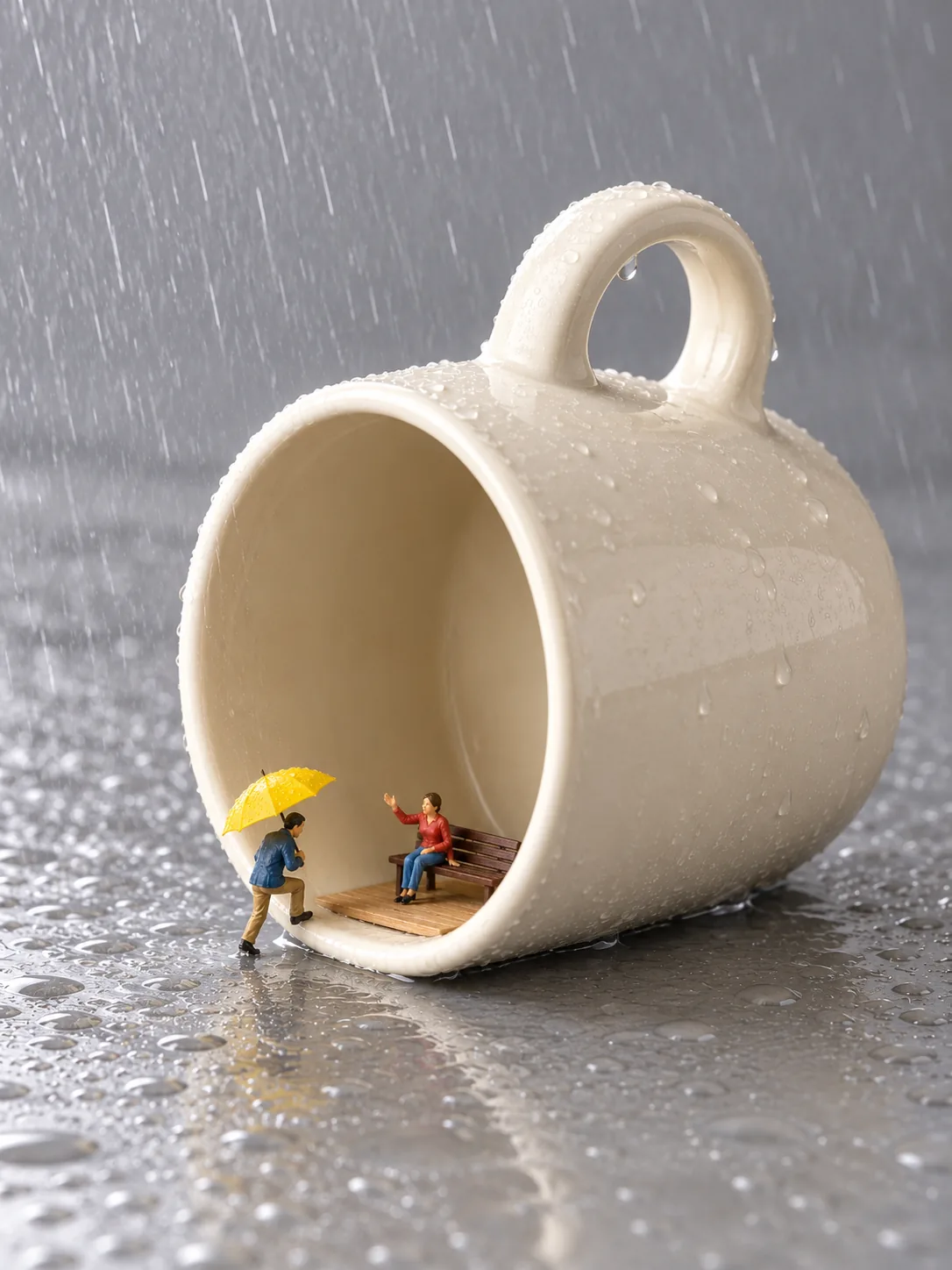 马克杯 · 雨中相遇：侧放杯腔容纳避雨者，人物招呼持伞来者。