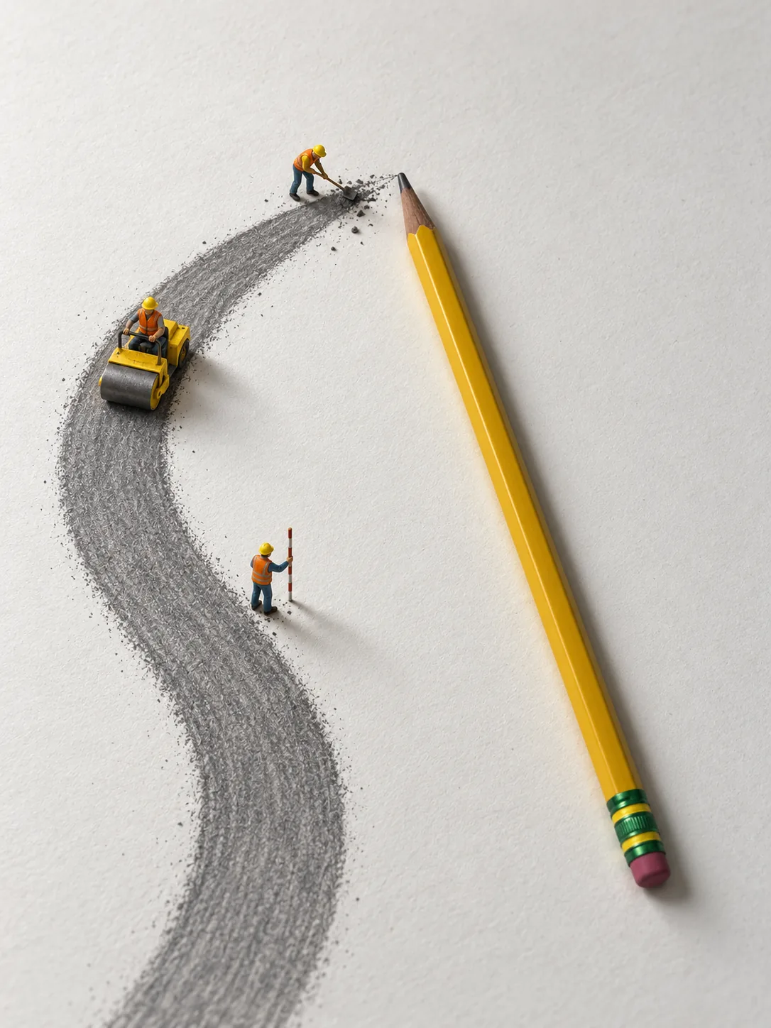 铅笔 · 石墨公路：铅笔留下的石墨痕迹成为道路，工人和压路机参与铺筑。